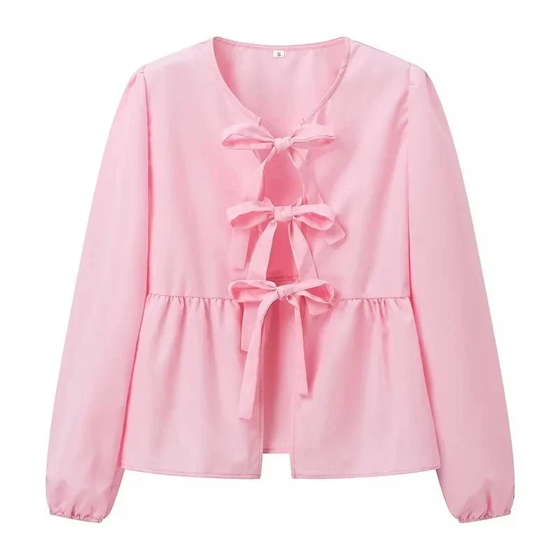 Summer Woman Bow Tied Lace Up Shirts Puff Short Sleeves Blouse Oneck Ruffle Color Tops