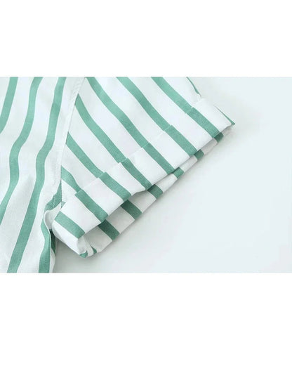 Summer Causal Short Sleeves Shirts for Woman Green Stripes Lapel Tshirt Buttons Female Cropped Slim Blouses