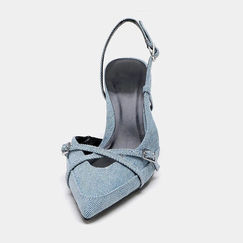 Blue Denim Fabric Slingbacks for Woman Cross Thin Buckle Strap Upper Stiletto Sandals Point Toe Thin Kitten Heel Pump
