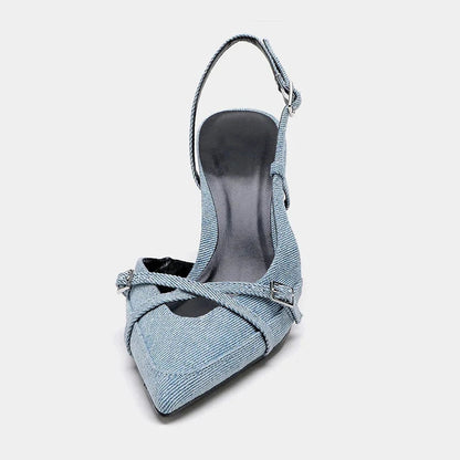 Blue Denim Fabric Slingbacks for Woman Cross Thin Buckle Strap Upper Stiletto Sandals Point Toe Thin Kitten Heel Pump