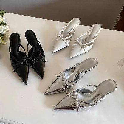 Silver White Butterflyknot Pointed Toe Slippers Shoes Party Dress Thin Heels Sandals