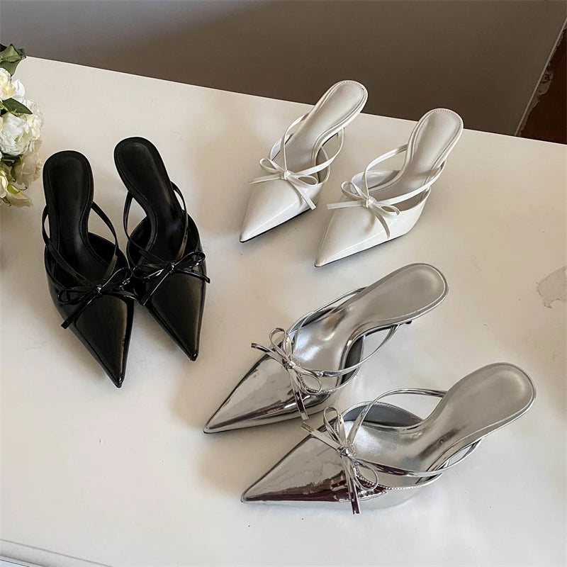 Silver White Butterflyknot Pointed Toe Slippers Shoes Party Dress Thin Heels Sandals
