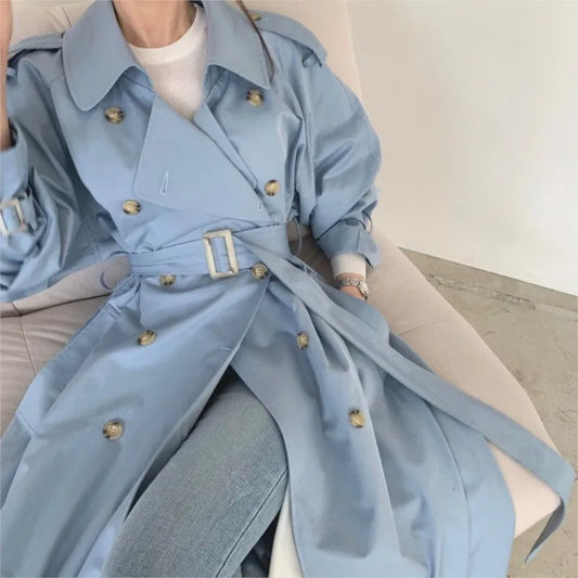 Long Trench Coat New Spring Autumn Lapel Double Breasted With Belt Loose Coat Office Lady Korean Outerwear