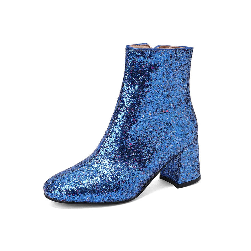 Big Size 48 49 50 Gold Silver Blue Sequined Cloth Glitter Winter Shoes Chunky High Heels Bling Party Ankle Chelsea Boots