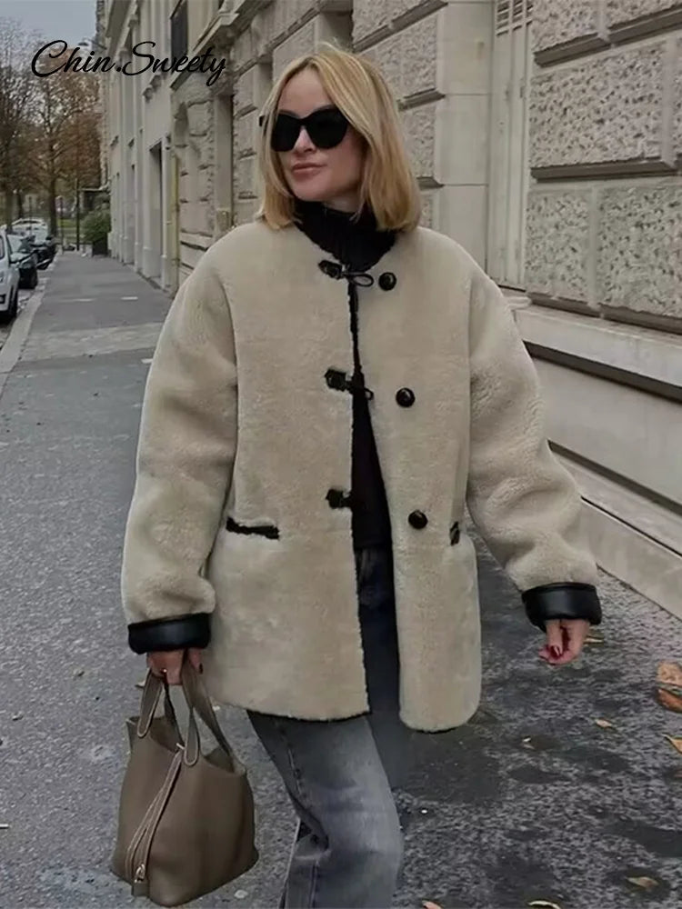 Lambs Wool Jacket for Loose Fleece O-neck Single Breasted Pockets Long Sleeve Fur Coat Autumn Winter Lady Outwear