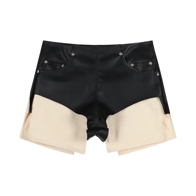Summer New American Offshoulder Rivets Leather Camisole + High Waist Patchwork Shorts Twopiece Suit