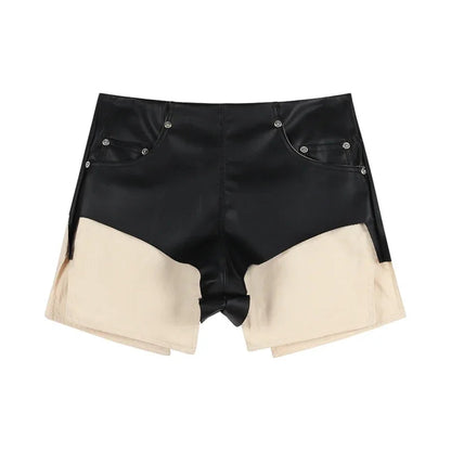Summer New American Offshoulder Rivets Leather Camisole + High Waist Patchwork Shorts Twopiece Suit