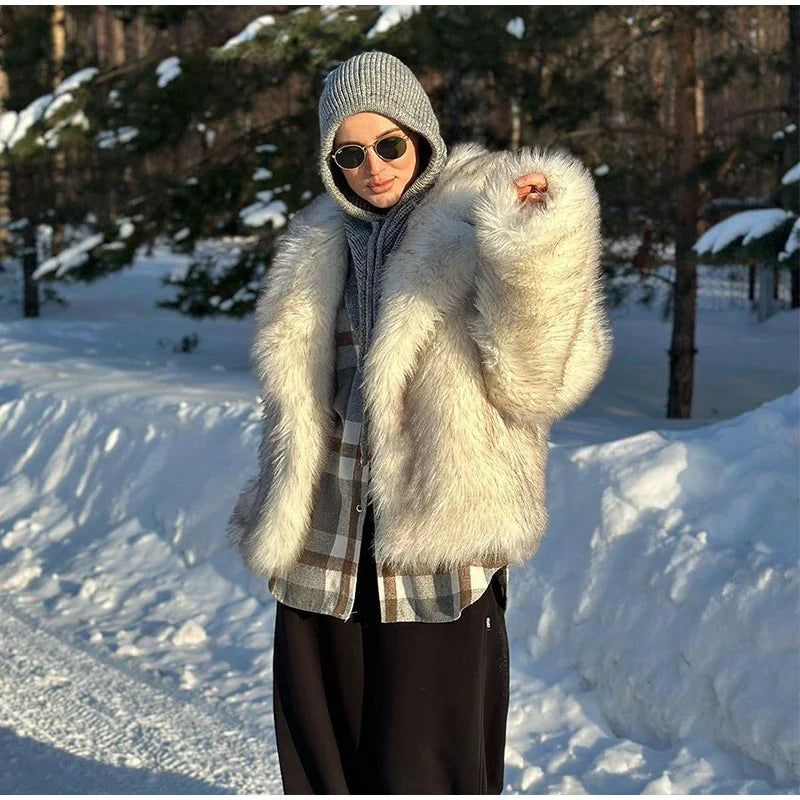 Furffy Thicken Jackets Faux Fur Loose Lapel Long Sleeves Warm Coats Female Winter Soft Outwears Lady