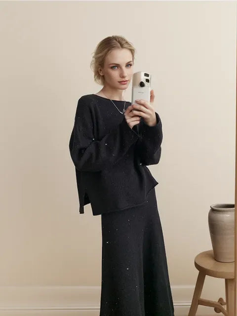 Soft Suits 2 Pieces Female Sets Slash Neck Sweater & Midi Dress Bling Knitted Tracksuit