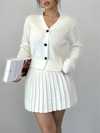 Female Knit 2 Piece-set Pleated Skirts Ribbed Cardigan Sweater and Skirt Sets Female Knitwear Outfits