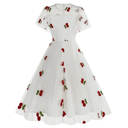 New Retro Pink Strawberry Mesh Birthday Long Dress 50s Flare Sleeve Summer Prom Evening Party Dresses