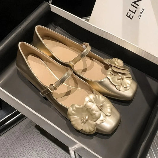 Chunky Heel Flower Mary Jane Shoes Fashions Low Heel Shoes Square Toe Ballet Shoe Designer Pumps Female