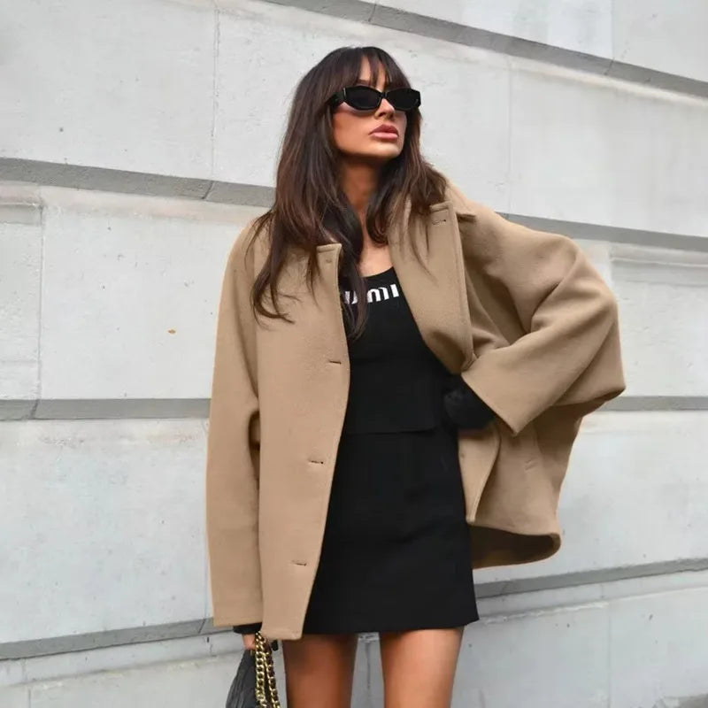 Diagonal Breasted Warm Loose Jacket Lapel Double Pocket Batwing Sleeve Coats Winter Female Outwear