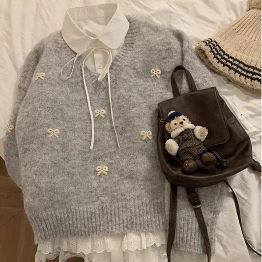 Sweet Hot Girl Grey Bow Embroidered Sweater Autumn Loose Thickened Knitted Pullover Female Clothes