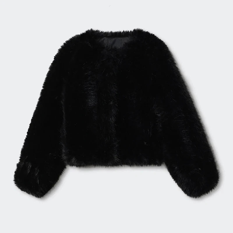 Ins Hot Brand Black Warm Cozy Cropped Faux Fur Coat Winter Street Short Fur Jacket