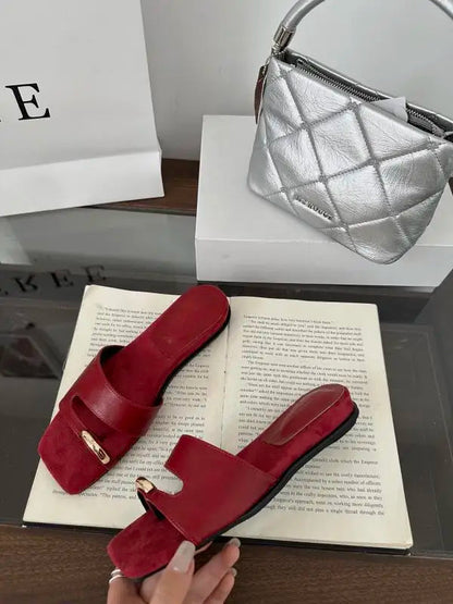 Shoes Woman Slippers Summer Square Toe Slides Rivet Pantofle Flat Designer New Rivet Shoes Slippers Summer Pan