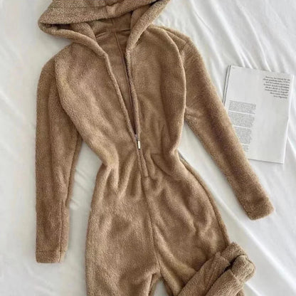 Fall Winter Long Sleeve Soft Fleece Jumpsuits Hear Hooded Zipper Playsuits Warm Sleepwear Romper