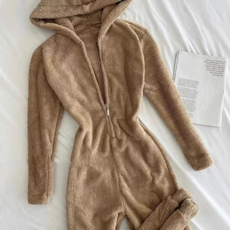 Fall Winter Long Sleeve Soft Fleece Jumpsuits Hear Hooded Zipper Playsuits Warm Sleepwear Romper