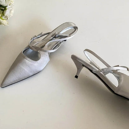 Silk Designer High Heeled Sandals Narrow Band Shallow Low Heel Office Shoes Female Pointed Toe Pumps Brand Slingback