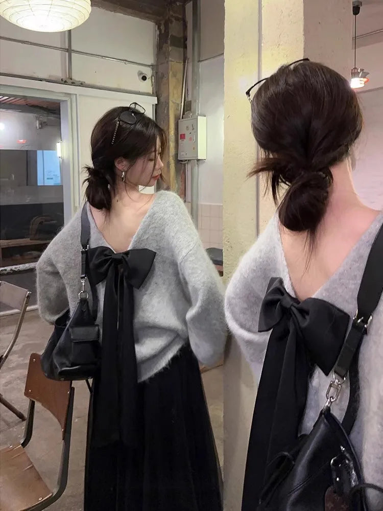 Lazy Halter Bow Round Neck Sweater Female Sueter Mujer Autumn Longsleeved Pullovers Loose Thin Gentle Gray Top