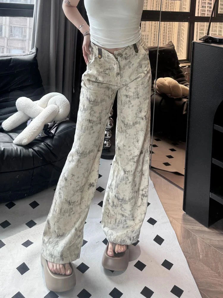 Tie Dye Jeans Y2k High Waist Baggy Denim Pants American Retro Wide Leg Trousers New