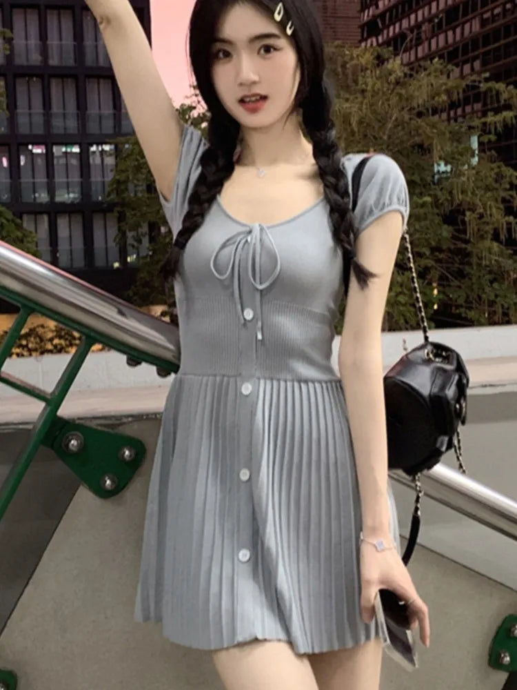 Knitted Dresses for V-neck A-line Pleated Mini Dress Korean Autumn Knitting One Piece Vestido Mujer New