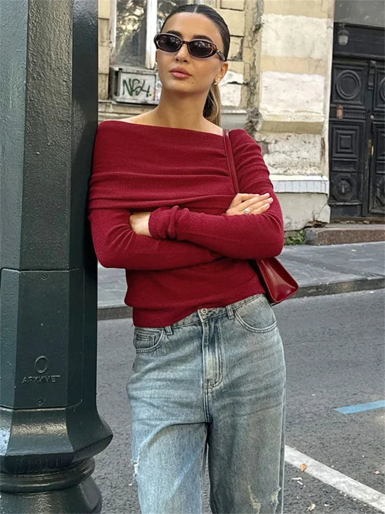 Knit Sweater Pullover Top for Off-shoulder Slim High Waist Cropped T-shirt Female Knitwear Pullover