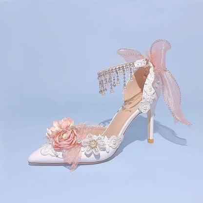 Lolita Brode Shoes New Pearl Rhinestone Pink High Heels for Sweet Flower Knot Bridal Wedding Shoes