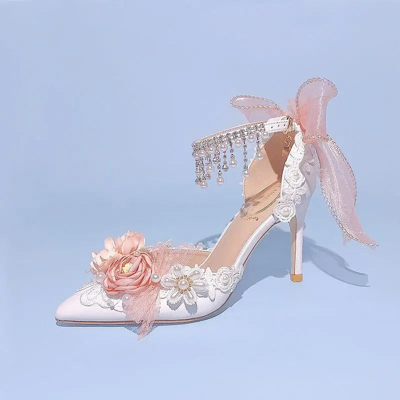 Lolita Brode Shoes New Pearl Rhinestone Pink High Heels for Sweet Flower Knot Bridal Wedding Shoes