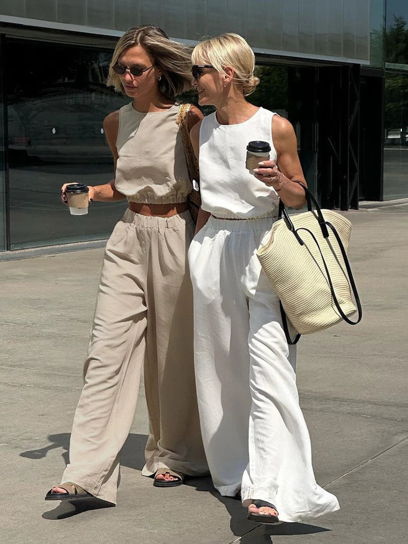 Summer Cotton Linen Loose Pant Two Piece Sets Suits Sleeve Cropped Tops and High Waist Slit Trousers Sets