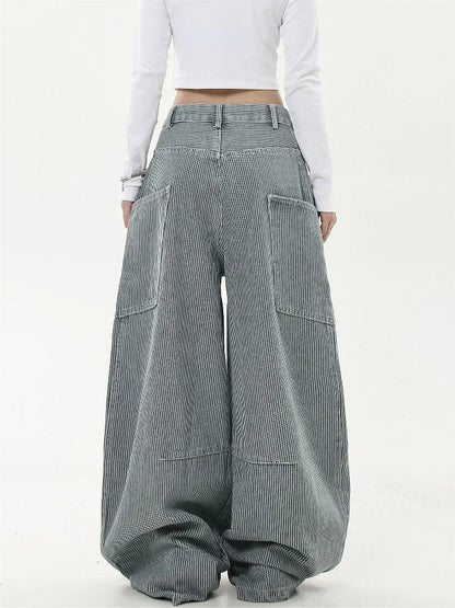 Retro Stripe Cargo Jeans Y2k Hip Hop Baggy Korean Straight Wide Leg Denim Pants Harajuku Mujer Bottoms