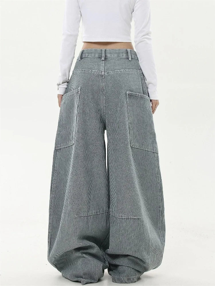 Retro Stripe Cargo Jeans Y2k Hip Hop Baggy Korean Straight Wide Leg Denim Pants Harajuku Mujer Bottoms