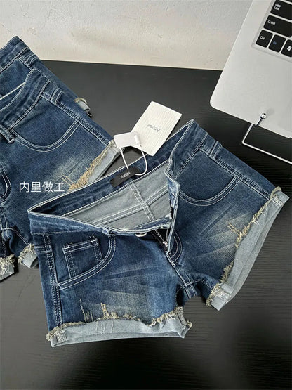 Korean Blue Denim Shorts Coquette Gyaru High Waist Jeans Short Grunge Hot Pants Raw Edge American Retro