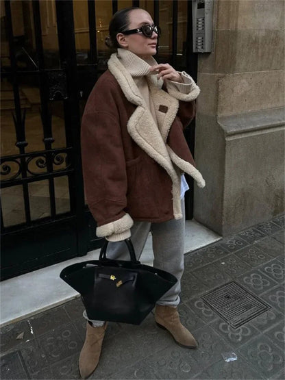 Winter Loose Overcoat for Lapel Pocket Jacket Coat Commute Contrast Outwear