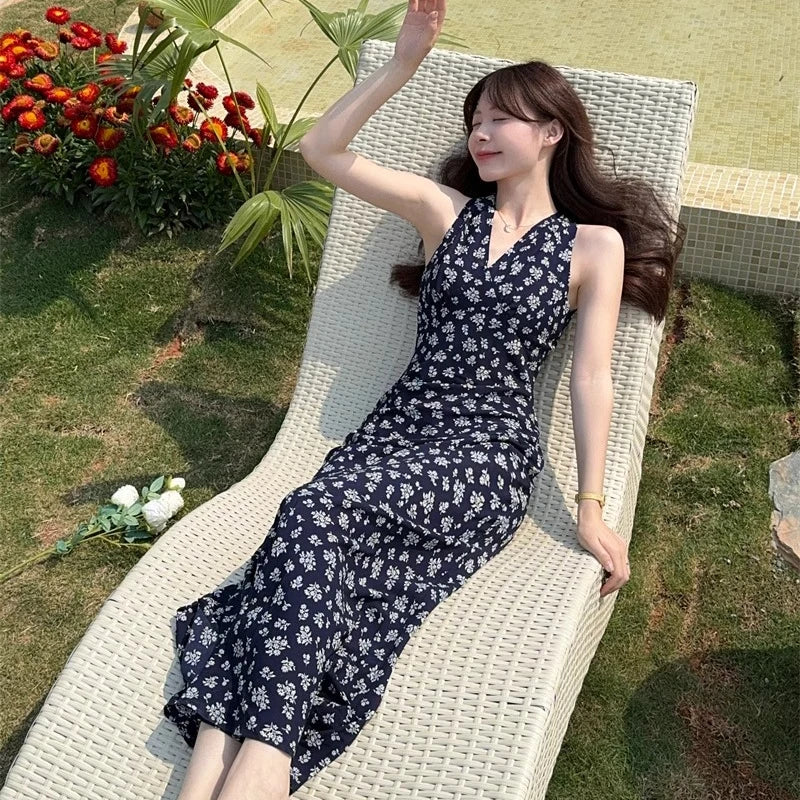 Halter Dresses Beach Style Hollow Out Spring Summer Long Dress Korean Vestidos Mujer