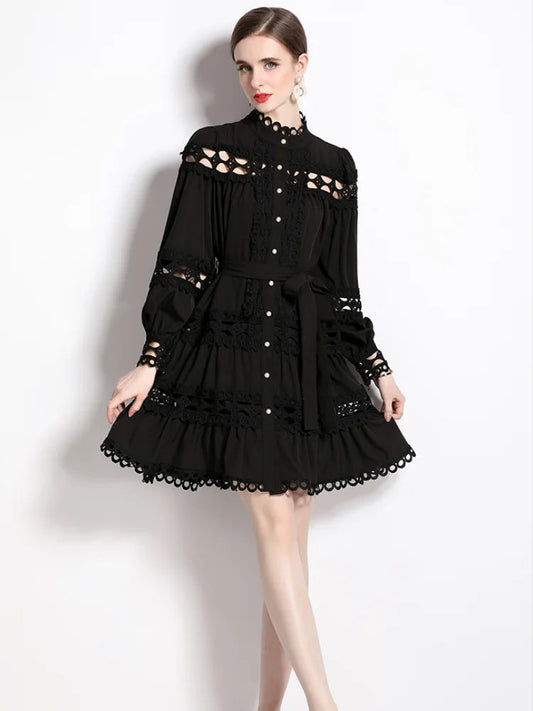 Stand Collar Single Breasted Dresses Spring and Autumn Hollow Out Embroidery Lace Trims White Mini Dress