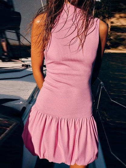 Color Mini Dress for Knitted O Neck Sleeveless Backless Female Skirts Summer New Robe