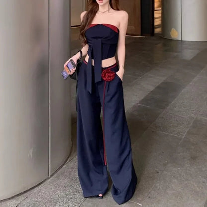 Summer New High Street Lace Up 3d Flower Loose Wide Leg Pants + Patchwork Camisole Twopiece Suit