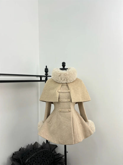 Sweet Hot Girl Detachable Cape Woolen Coat Autumn/winter Slim Fur Double Breasted Aline Coat Female Clothes