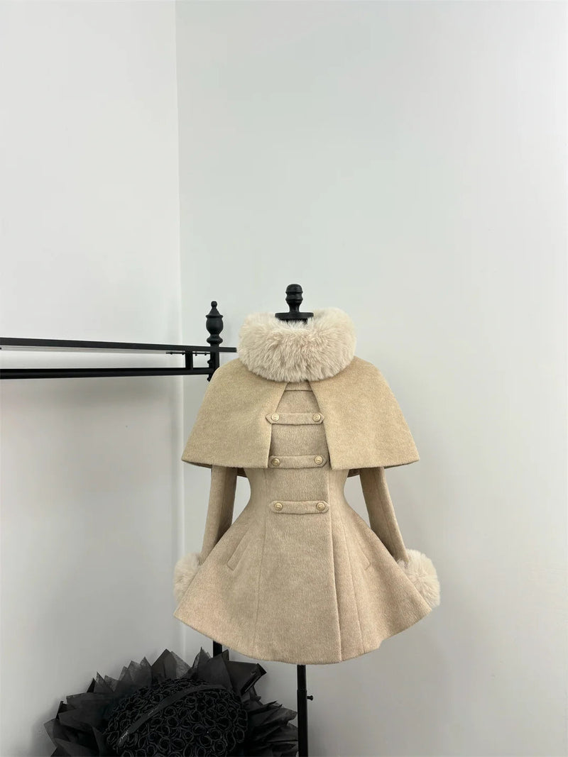 Sweet Hot Girl Detachable Cape Woolen Coat Autumn/winter Slim Fur Double Breasted Aline Coat Female Clothes