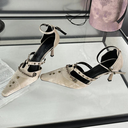 Retro Rivets Metal Chain High Heels Thin Heel Party Dress Shoes Office Shoes Pointed Toe Pump Sandals