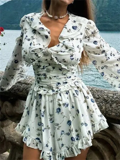 Ruffled V-neck Printed Mini Dress Female Bandage Autumn Lace-up Contrast Drawstring Dress for Party Dress