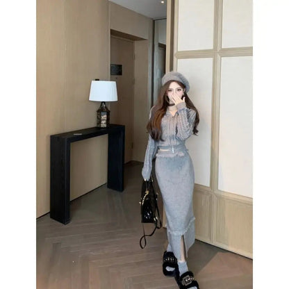 Sweet Hot Girl Suit Autumn Color Zipper Longsleeved Hooded Sweater High Waisted Long Skirt Twopiece Set