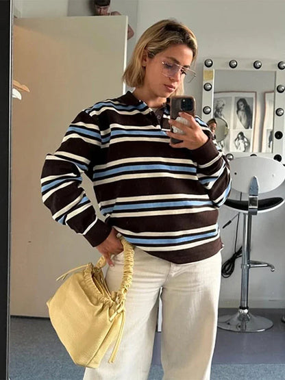 Stripe Basic T-shirt Long Sleeve Female All Match Polo Shirt Spring New Loose Tops High Street