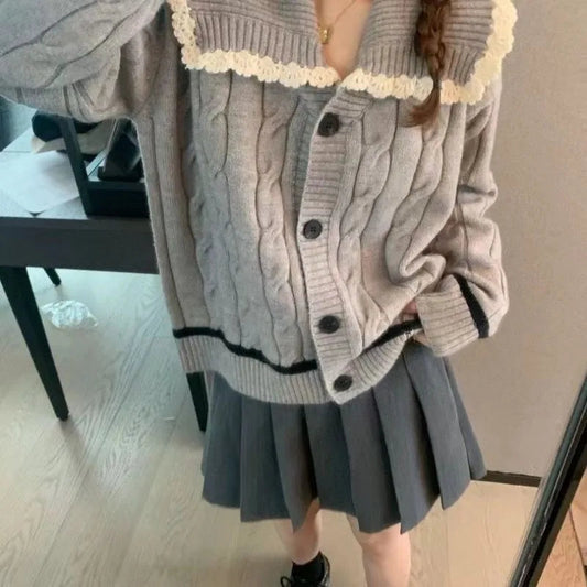 Knitted Cardigan Sweet Lace Turn Down Collar Preppy Style Loose Stretch Outwear Sweater Female