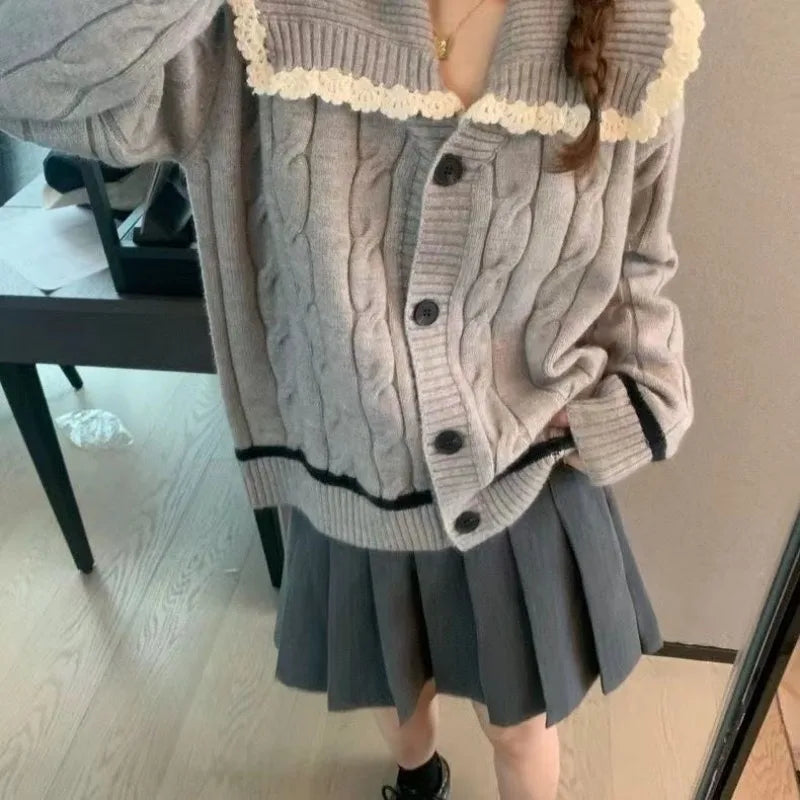 Knitted Cardigan Sweet Lace Turn Down Collar Preppy Style Loose Stretch Outwear Sweater Female