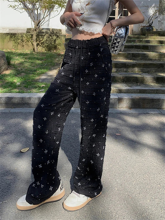 Printed Lace Pants Summer High Waist Loose Slim New Straight Office Lady Daily