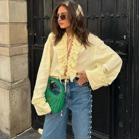 Chiffon Pleated Lace-up Blouse