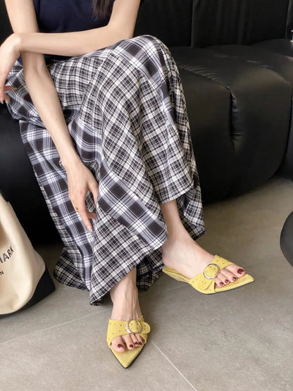 Shoes Woman Pointed Toe Slippers Summer Rivet Slides on a Wedge Low Flock Designer Rome Hoof Heels Fabric Rubber Fas
