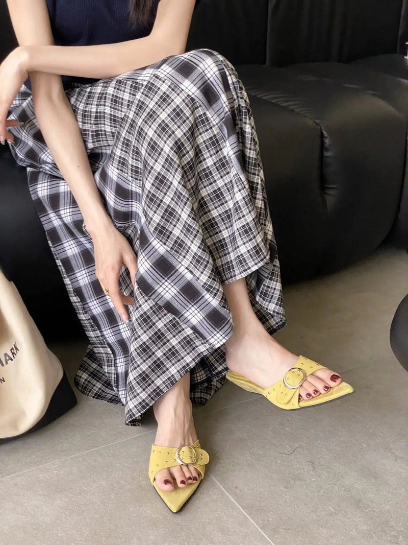 Shoes Woman Pointed Toe Slippers Summer Rivet Slides on a Wedge Low Flock Designer Rome Hoof Heels Fabric Rubber Fas